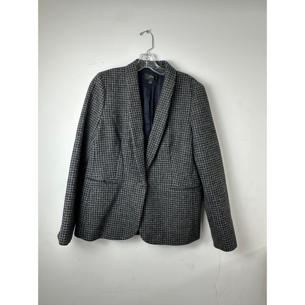 J.Crew Womens Grey Houndstooth 100% Wool Blazer Jacket Size 12 Shawl Collar